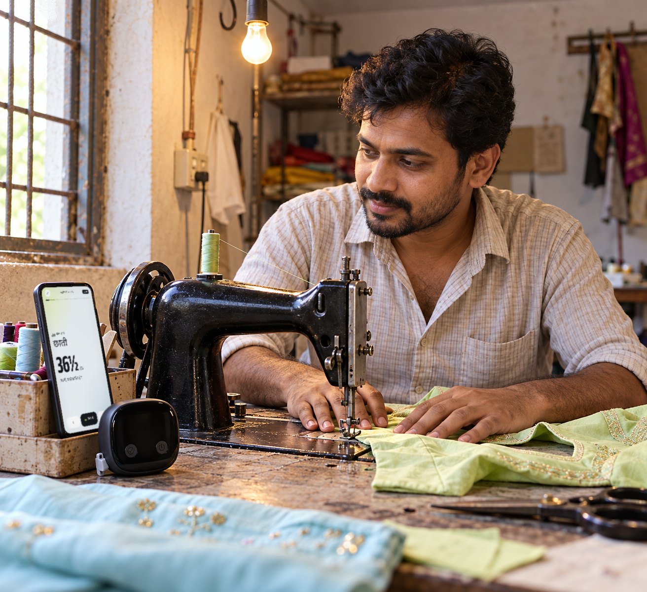 A karigar at his sewing machine listens to measurements read aloud by his phone