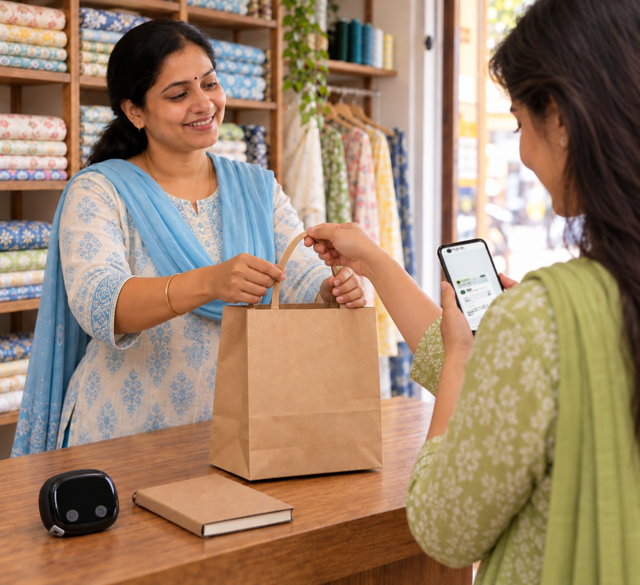 At pickup, the customer gets the payment receipt on her phone